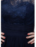 Navy Blue Lace Chiffon One Shoulder Long Prom Dress 